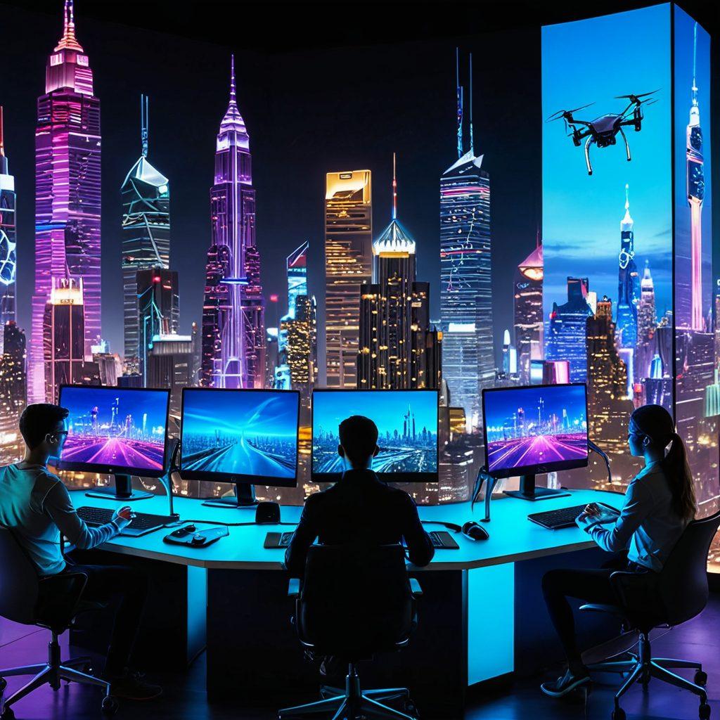 A futuristic scene showcasing an array of innovative gadgets including smartwatches, robots, and sleek laptops, surrounded by holographic displays of tech insights and digital graphs. The background features a vibrant city skyline with floating drones and neon lights representing advanced technology. Include a diverse group of curious gadget enthusiasts exploring this tech wonderland with excitement on their faces. vibrant colors. super-realistic. high-tech aesthetic.