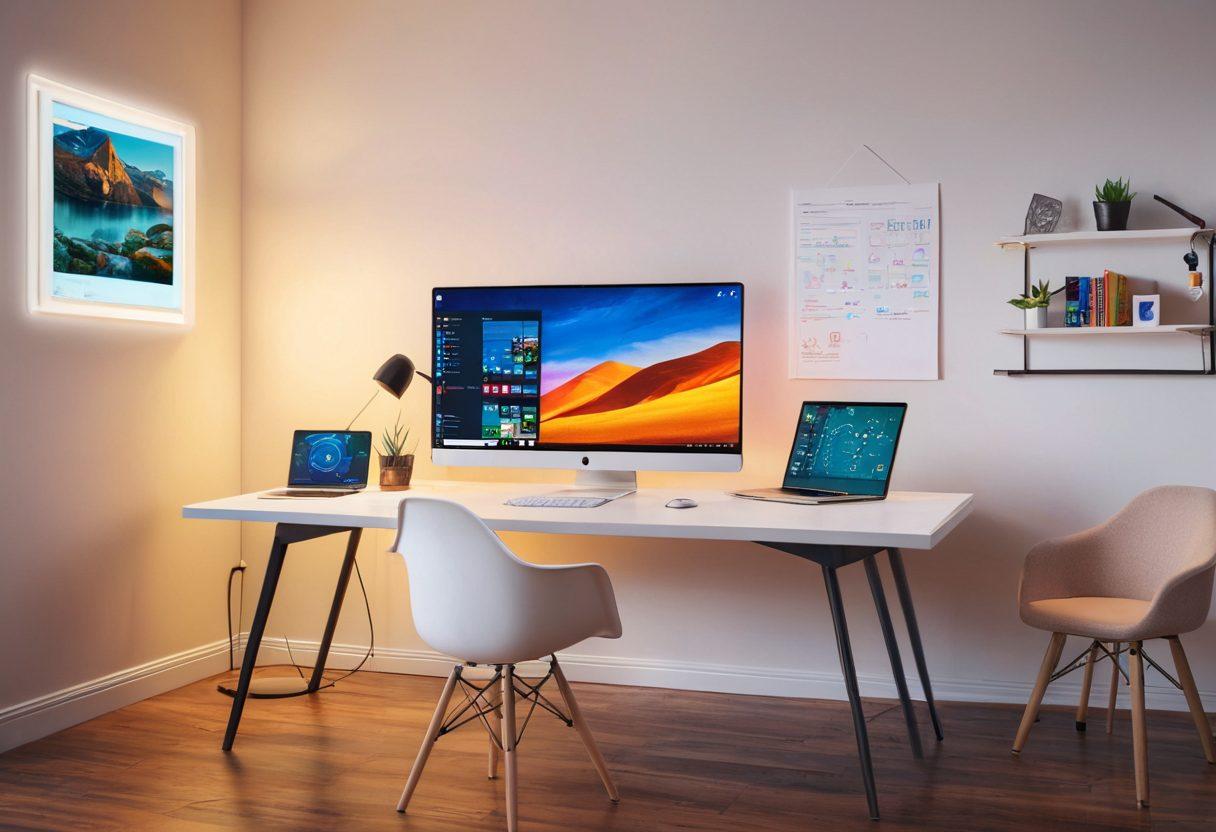 A sleek, modern workspace featuring an array of high-tech gadgets like laptops, smartphones, and smartwatches. In the background, visualize a digital software interface with flowing code and icons representing various tech tools. Incorporate warm lighting to create an inviting ambiance, while showcasing elements of innovation and connectivity. Tech-inspired artwork on the walls adds a creative touch. super-realistic. vibrant colors. 3D.