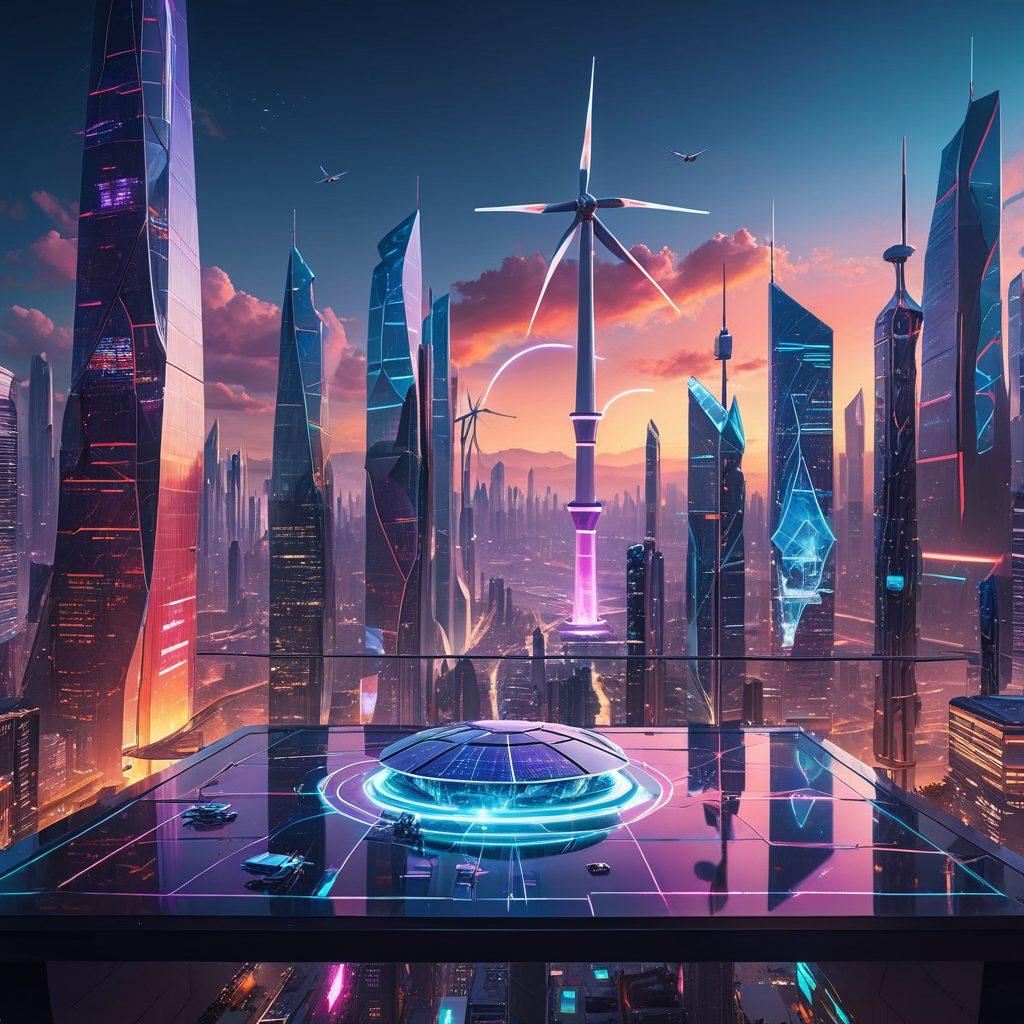 A futuristic city skyline featuring towering skyscrapers with integrated solar panels and wind turbines, showcasing drones flying above and people using advanced wearable technology. In the foreground, a diverse group of individuals collaborate around a holographic table displaying emerging tech trends, with bright neon accents. Represent elements like AI, blockchain, and robotics visually. cyberpunk. vibrant colors. 3D.